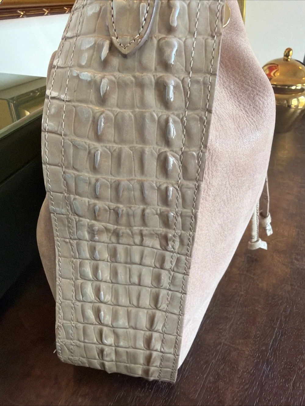 Brahmin Blush Taupe Drawstring Hobo Bucket Bag alligator embossed Tassel